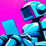 synthwave robot surfing the web