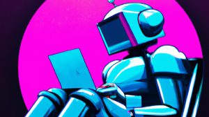 synthwave robot surfing the web