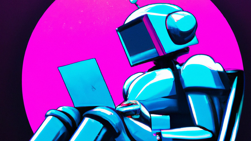synthwave robot surfing the web